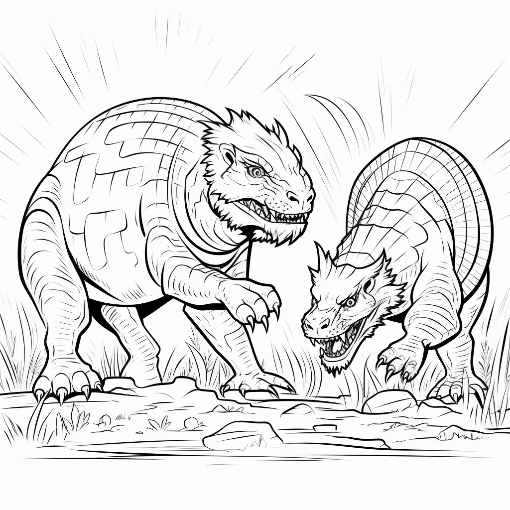 Dimetrodon kämpft mit Säbelzahnkatze Ausmalbild und Malvorlage