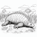 Dimetrodon räkelt sich auf Wiese Ausmalbild und Malvorlage