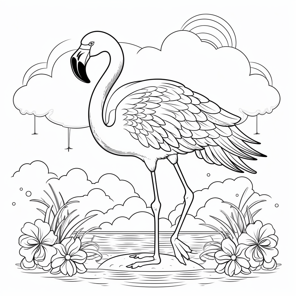 Flamingo mit einem Regenbogen im Hintergrund Ausmalbild und Malvorlage