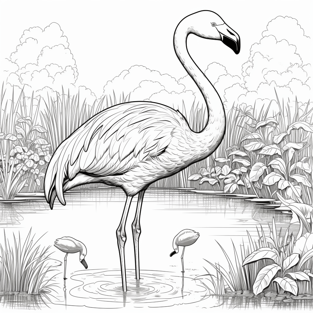 Flamingo planscht im Wasser Ausmalbild und Malvorlage