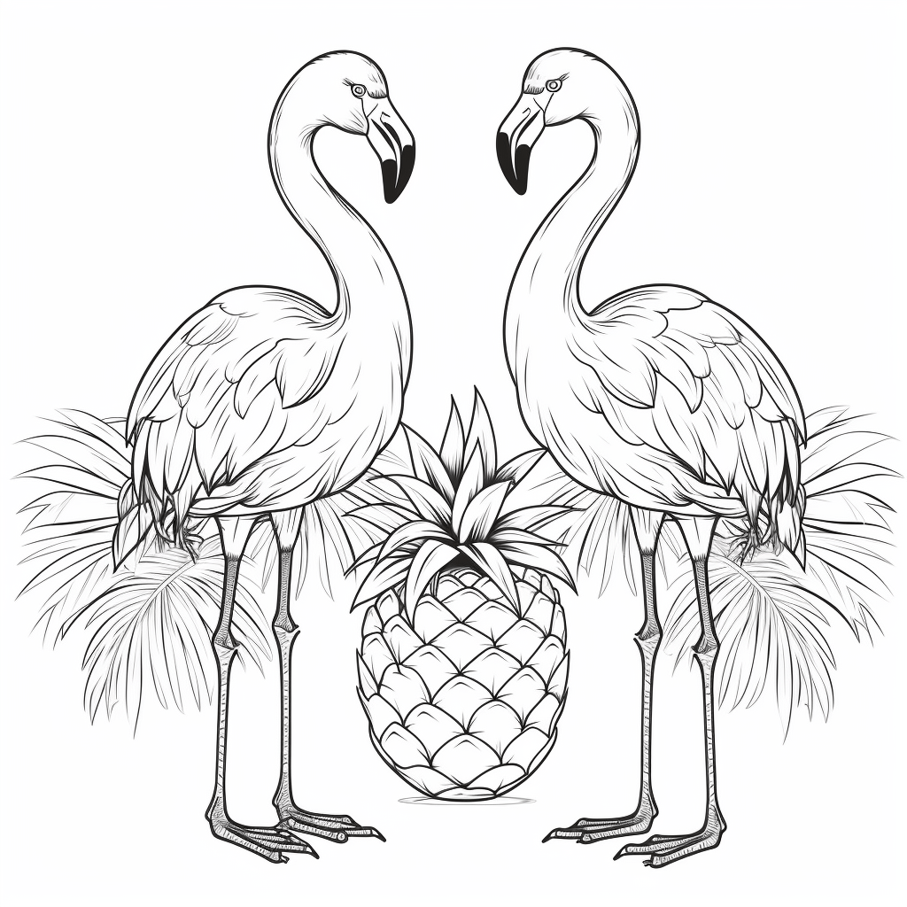 Flamingo spielt mit einer Ananas Ausmalbild und Malvorlage