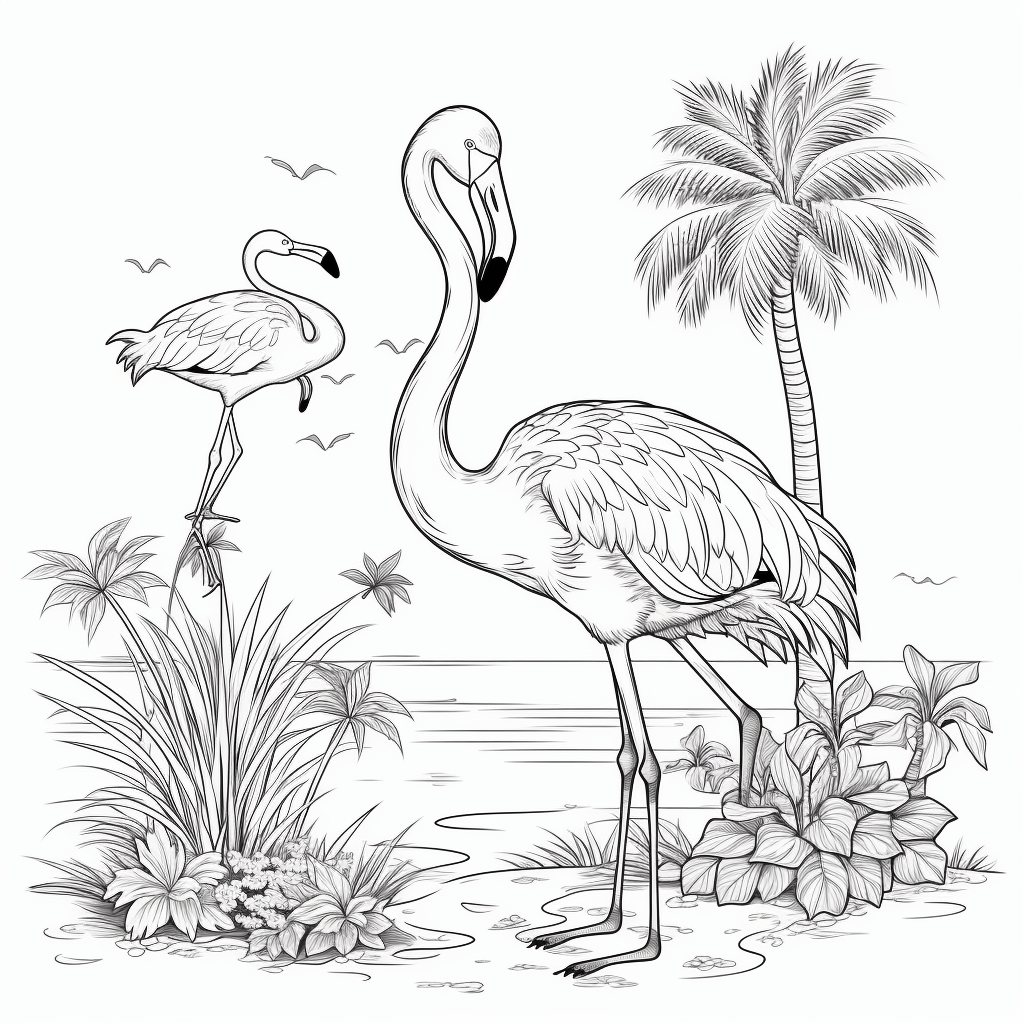 Flamingo und Palme Ausmalbild und Malvorlage