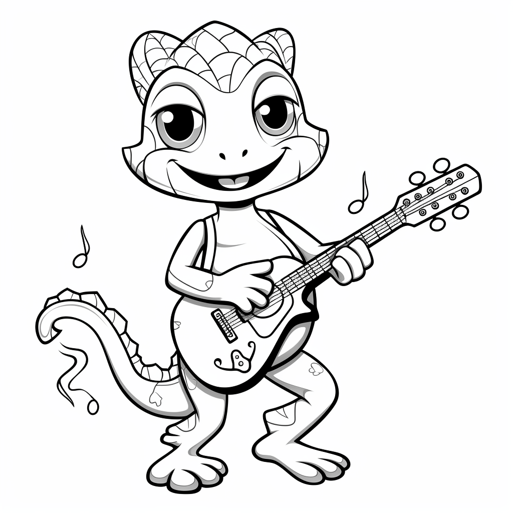 Gecko mit einer Gitarre Ausmalbild und Malvorlage