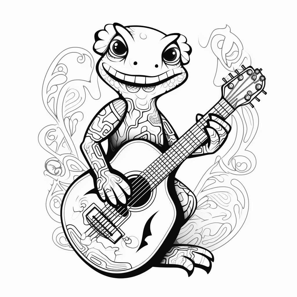 Gecko singt zu einer Gitarre Ausmalbild und Malvorlage