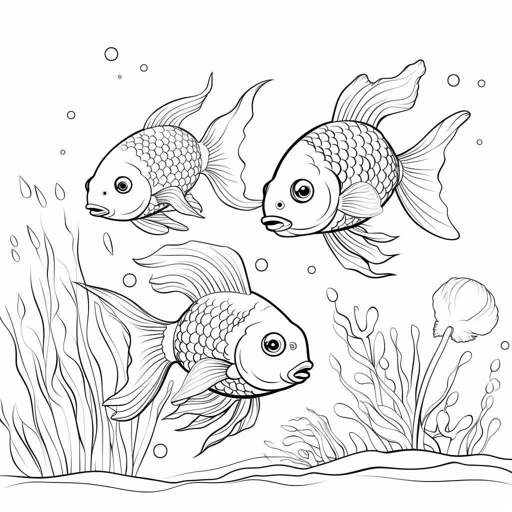 Goldfisch schwimmt mit seinen Freunden Ausmalbild und Malvorlage