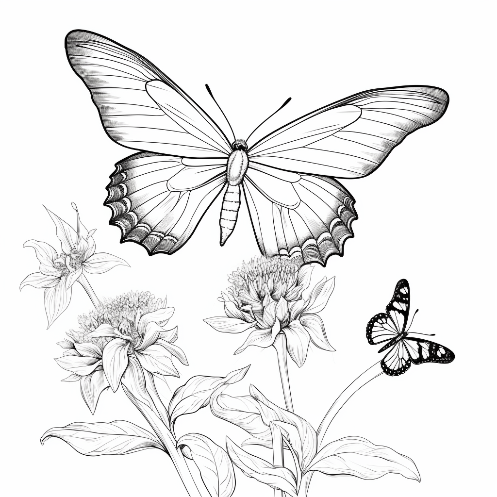 Gottesanbeterin beobachtet Schmetterling Ausmalbild und Malvorlage