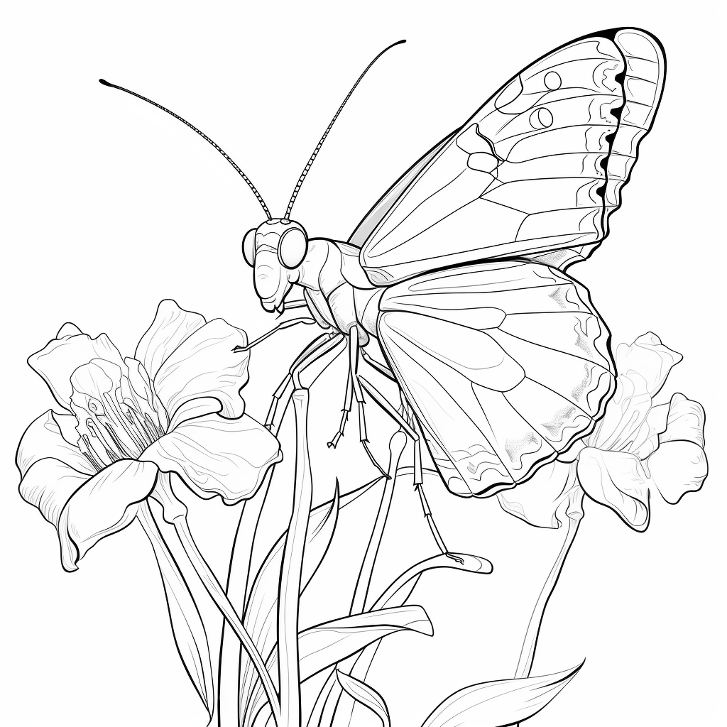 Gottesanbeterin und Schmetterling Ausmalbild und Malvorlage