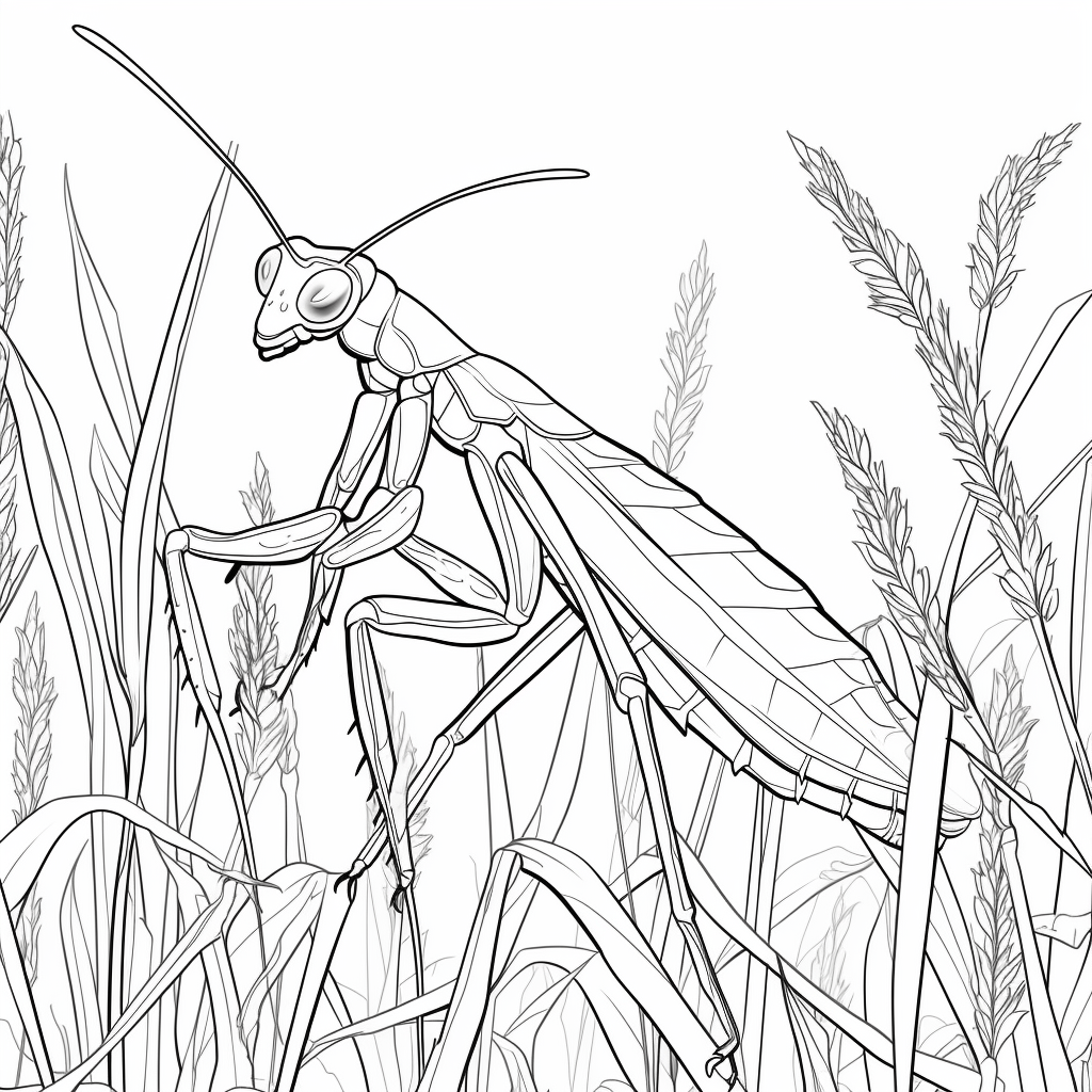 Gottesanbeterin versteckt sich im Gras Ausmalbild und Malvorlage
