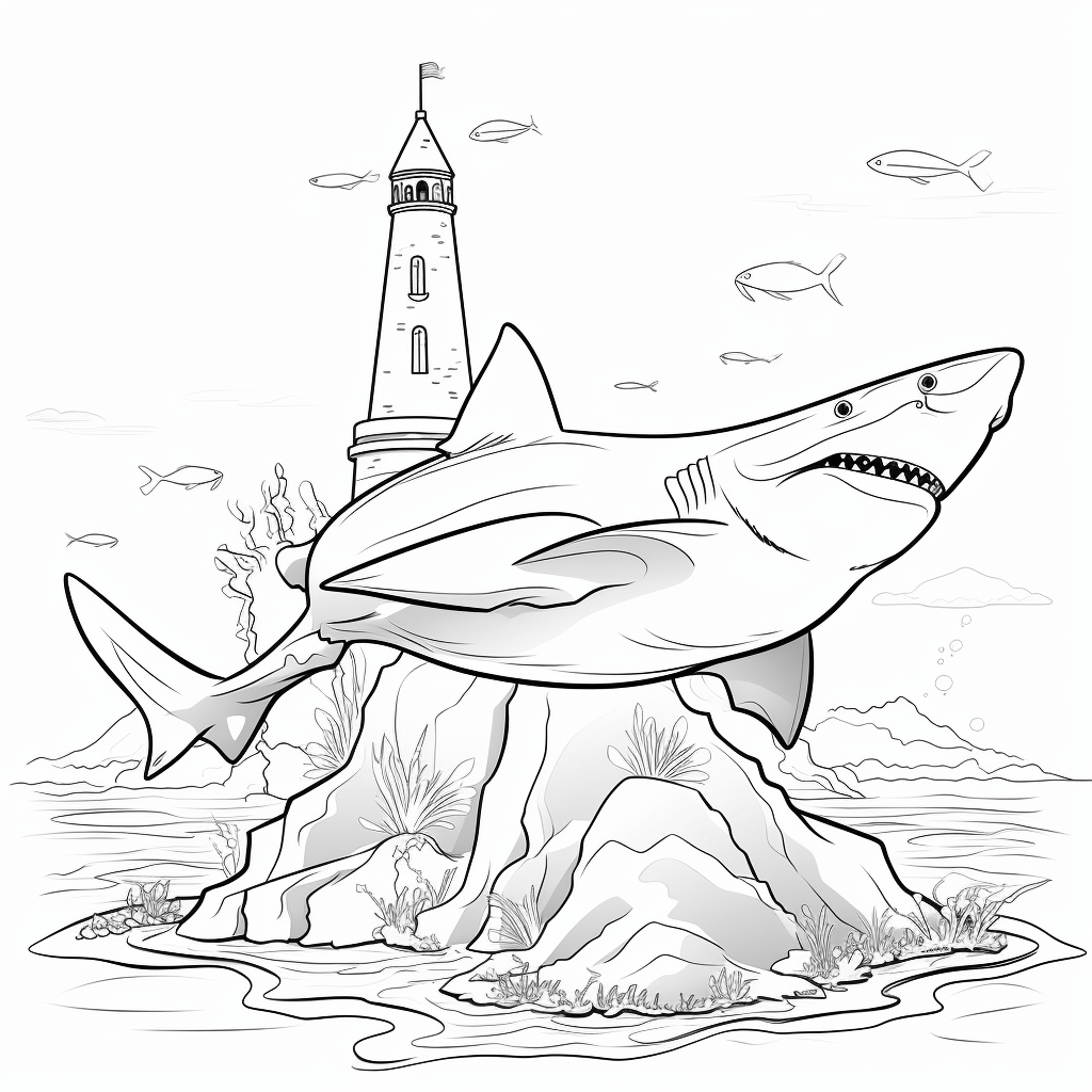 Haifisch schwimmt um Insel Ausmalbild und Malvorlage