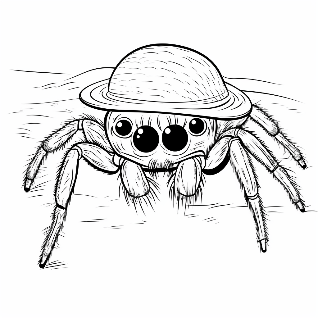 Hut sitzt auf Springspinne Ausmalbild und Malvorlage