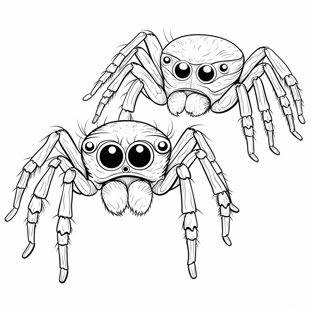 Kleine Springspinne schaut zu großer Springspinne auf Ausmalbild und Malvorlage