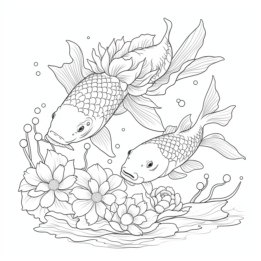 Koi-Karpfen mit Lotusblüten Ausmalbild und Malvorlage