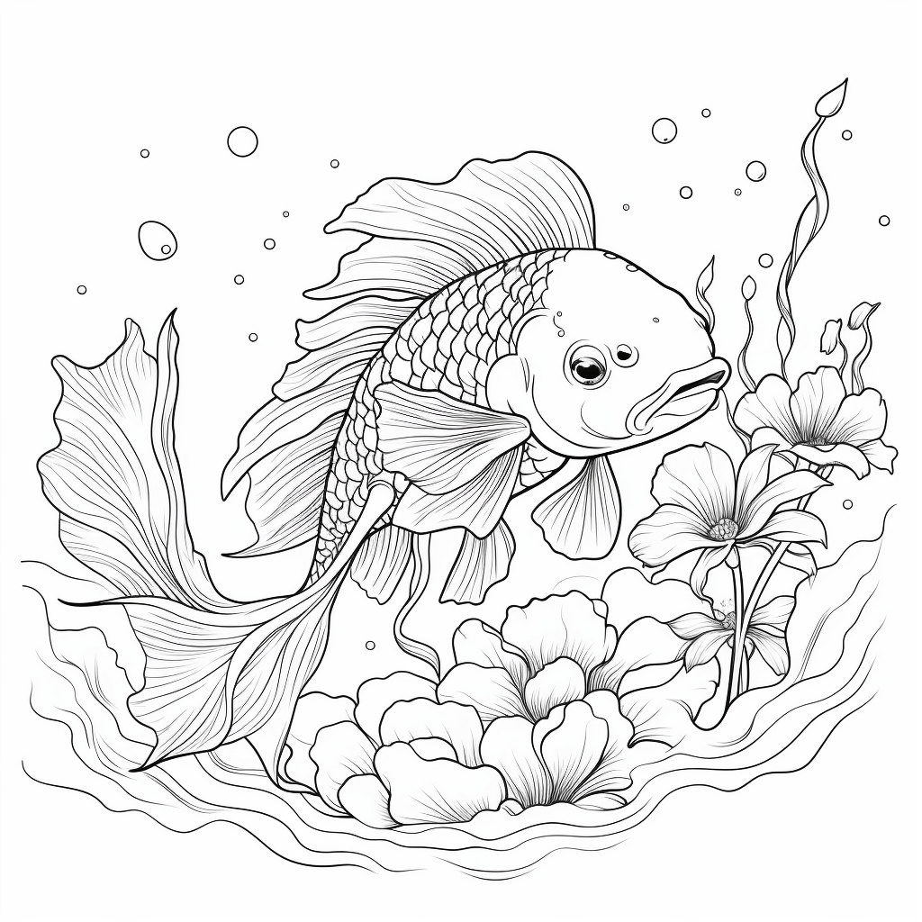 Koi-Karpfen mit Wasserpflanzen Ausmalbild und Malvorlage