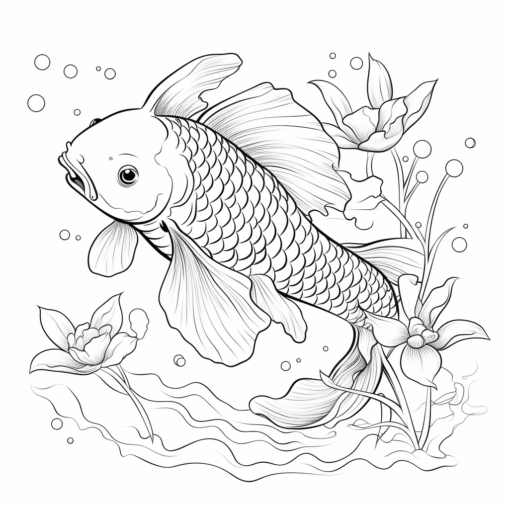 Koi-Karpfen schwimmt zwischen Lotusblüten Ausmalbild und Malvorlage