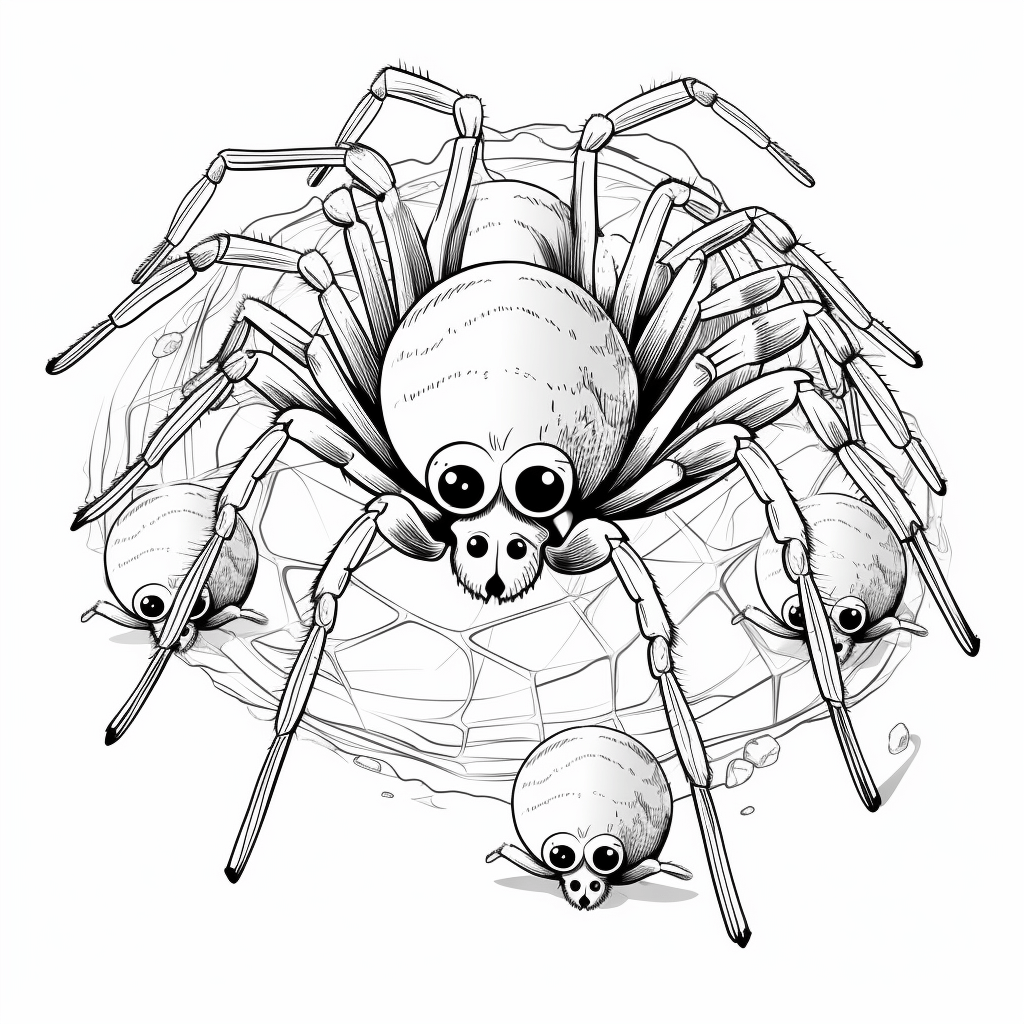 Kreuzspinne mit Baby-Spinnen Ausmalbild und Malvorlage