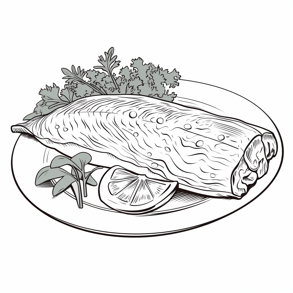 Lachs mit Gemüse auf dem Teller Ausmalbild und Malvorlage