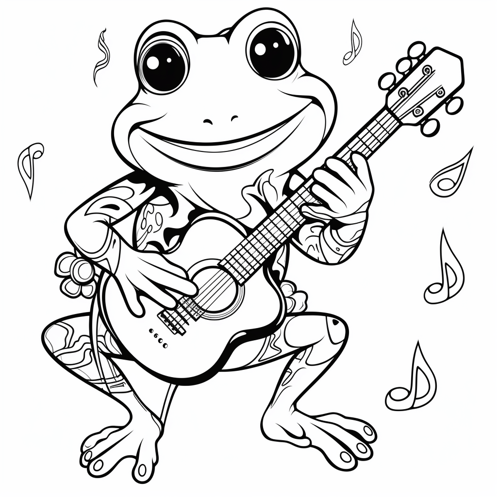 Laubfrosch spielt Gitarre für seine Freunde Ausmalbild und Malvorlage