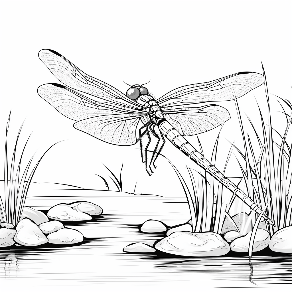 Libelle spiegelt sich im Teich Ausmalbild und Malvorlage