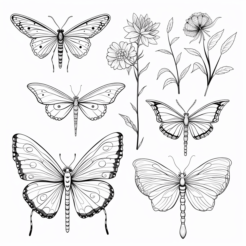 Libelle spielt mit Schmetterling Ausmalbild und Malvorlage