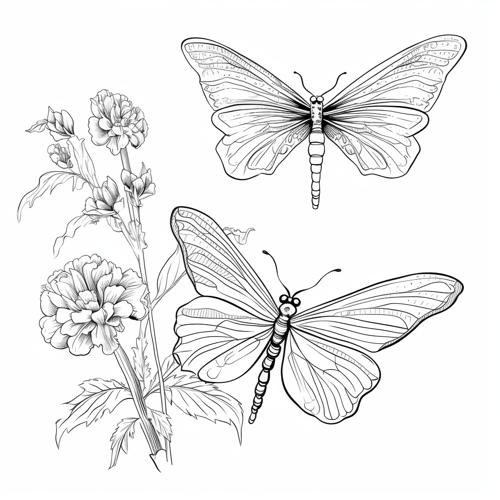 Libelle teilt Blume mit Schmetterling Ausmalbild und Malvorlage