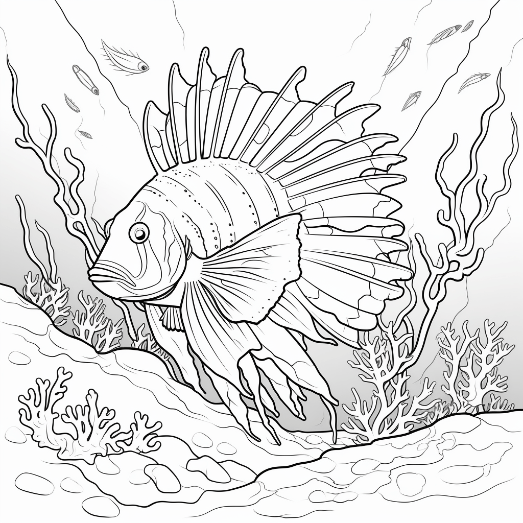 Löwenfisch ruht in Höhle Ausmalbild und Malvorlage