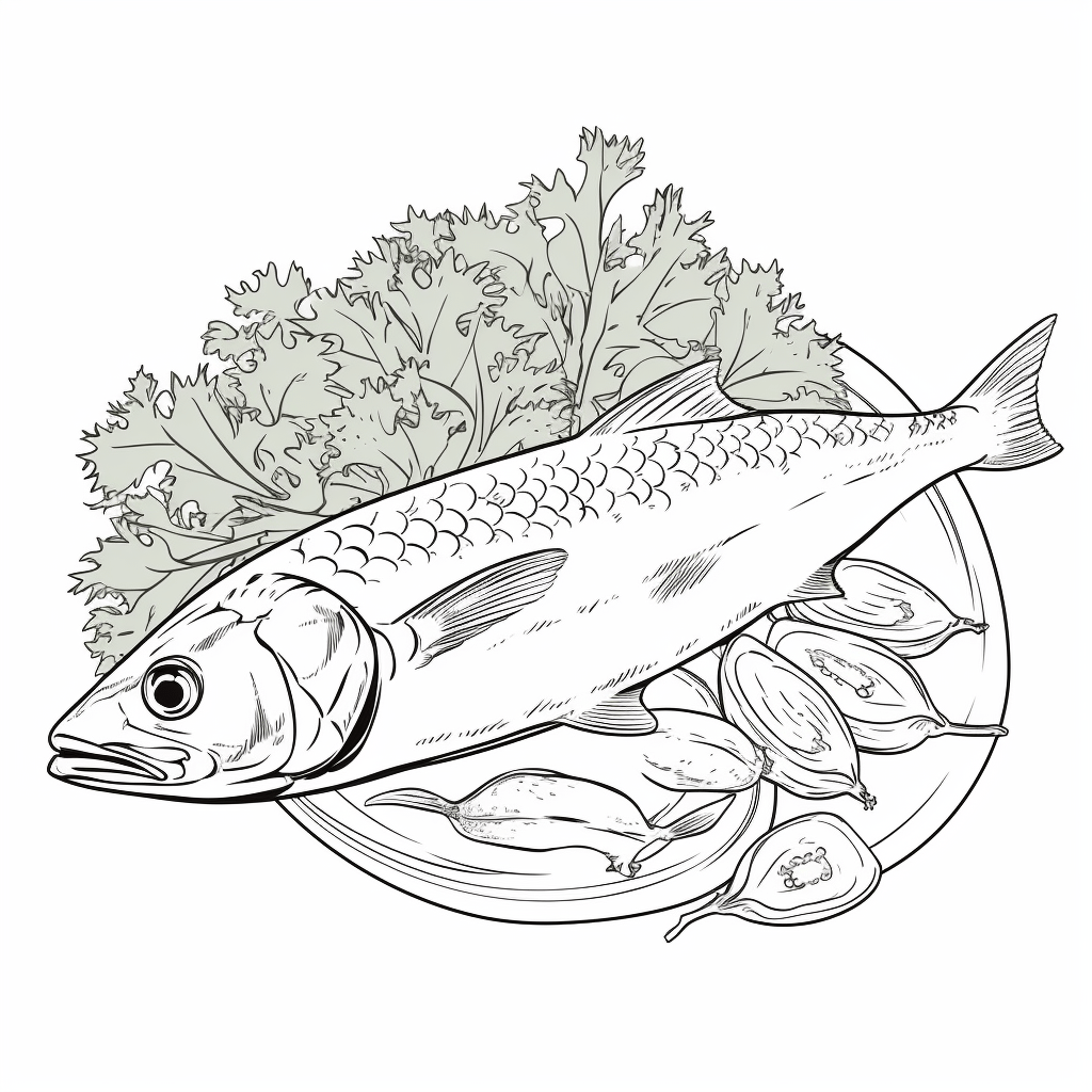 Makrele mit Salat Ausmalbild und Malvorlage