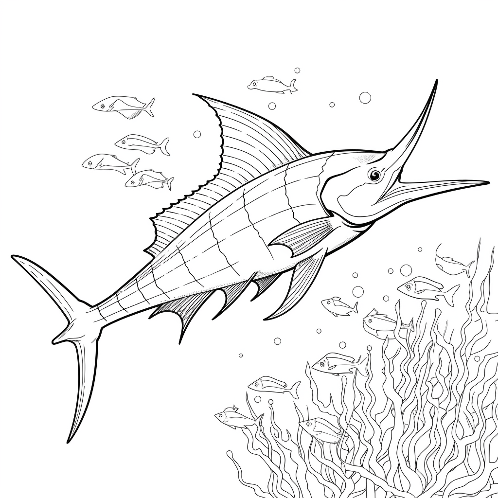 Marlin schwimmt bei Korallen Ausmalbild und Malvorlage