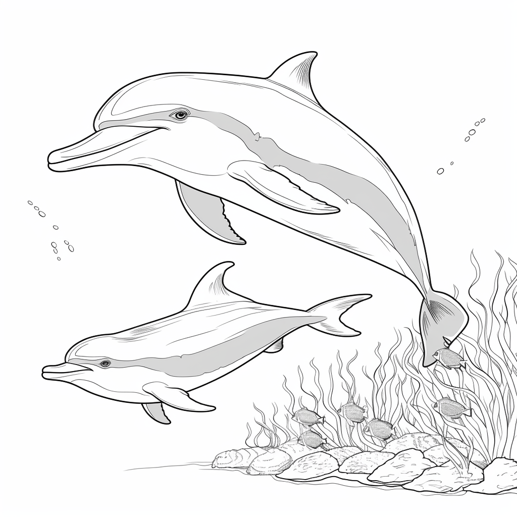 Marlin spielt mit Delfin Ausmalbild und Malvorlage
