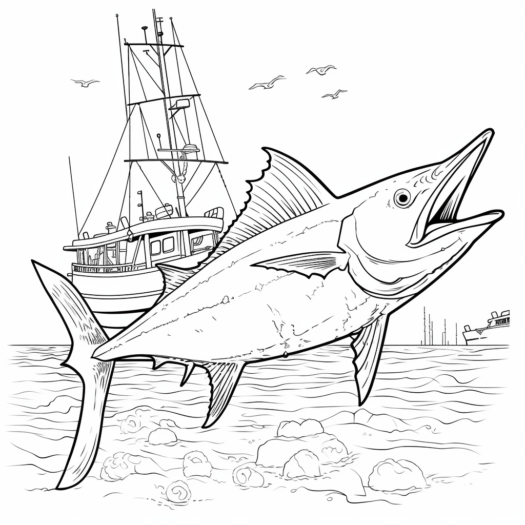 Neugieriger Schwertfisch vor einem Schiffswrack Ausmalbild und Malvorlage