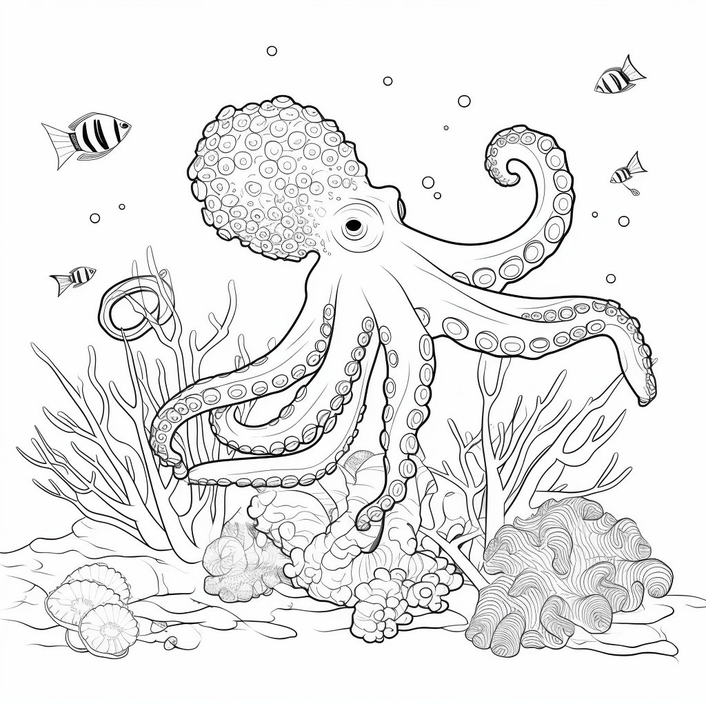 Oktopus knabbert an Koralle Ausmalbild und Malvorlage
