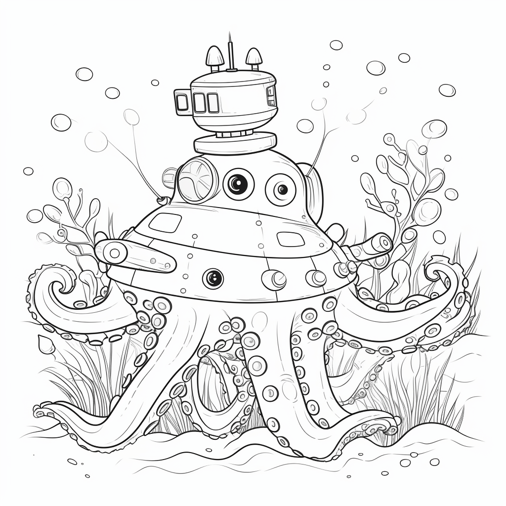 Oktopus sabotiert U-Boot Ausmalbild und Malvorlage