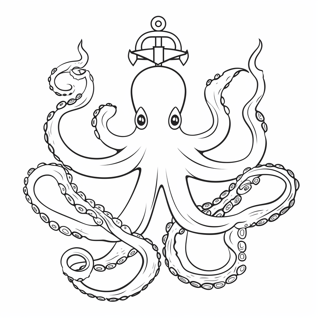 Oktopus verheddert sich in Anker Ausmalbild und Malvorlage
