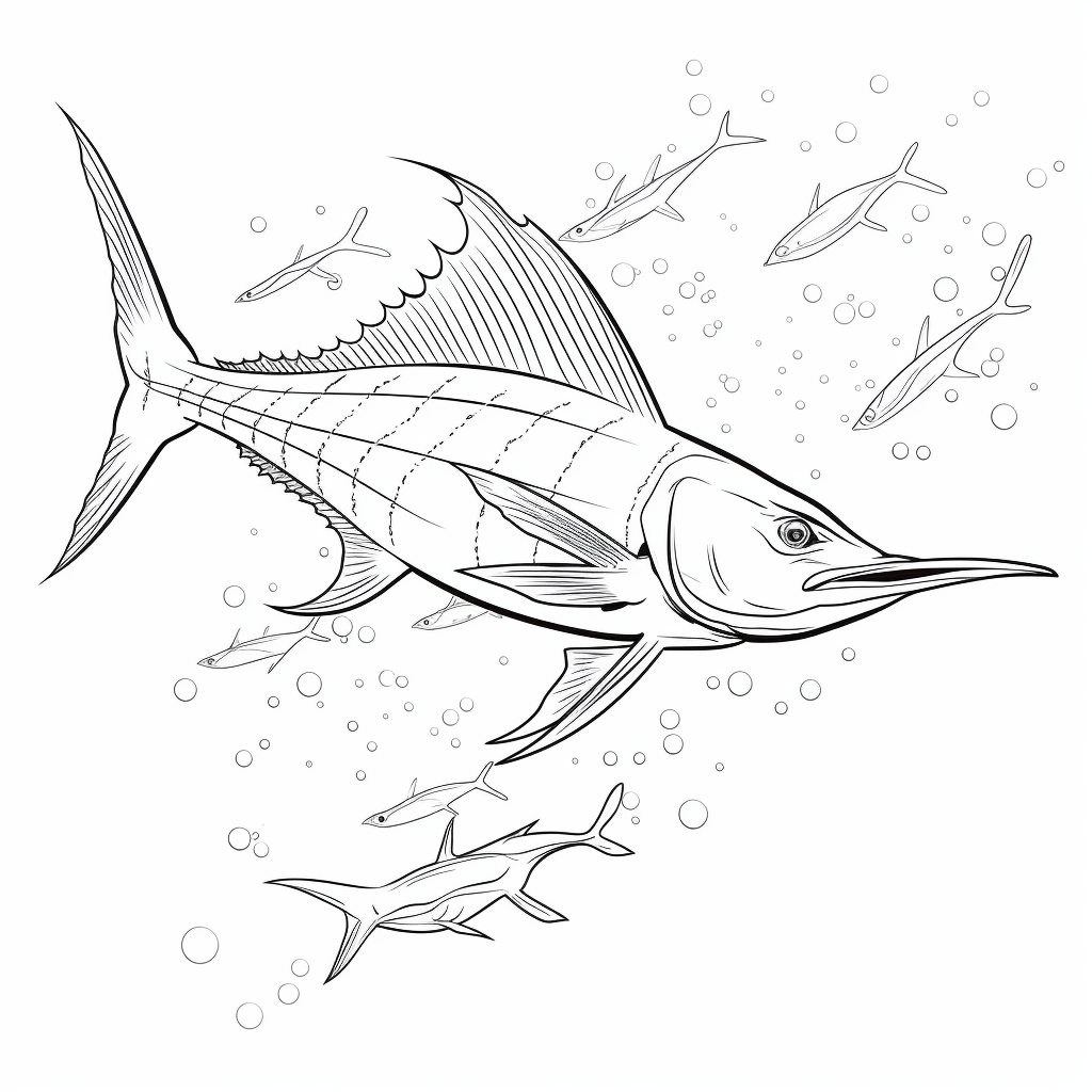 Schneller Marlin und Fische Ausmalbild und Malvorlage