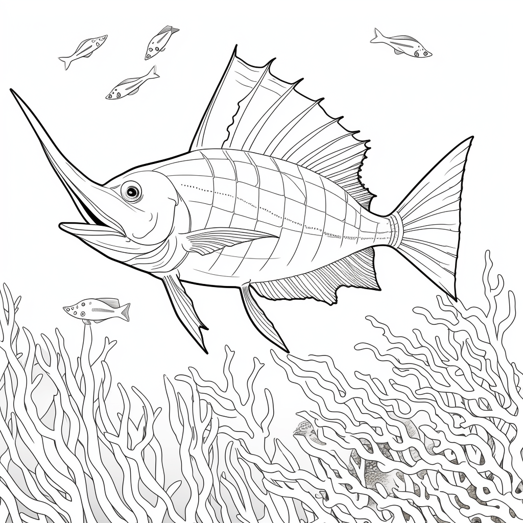 Schwertfisch mit Korallen Ausmalbild und Malvorlage
