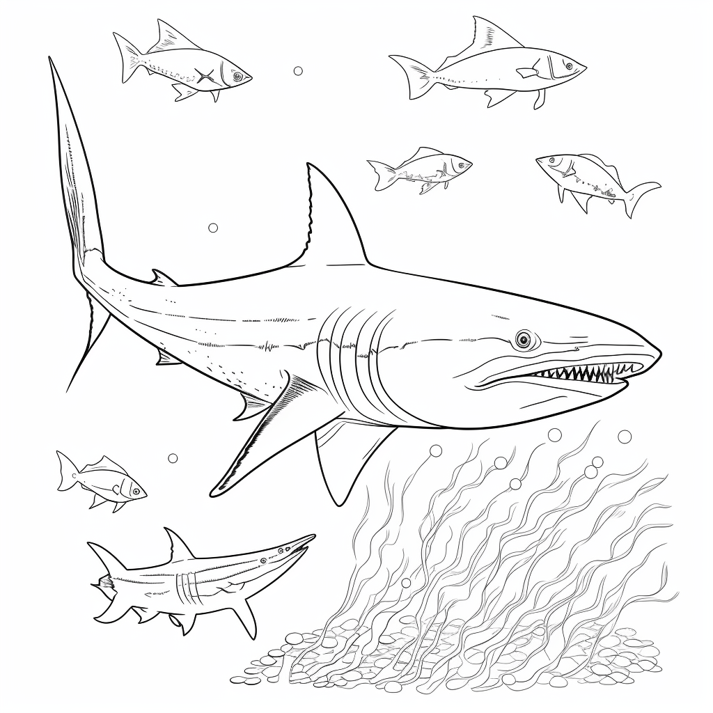 Schwertfisch verteidigt sich gegen einen Hai Ausmalbild und Malvorlage
