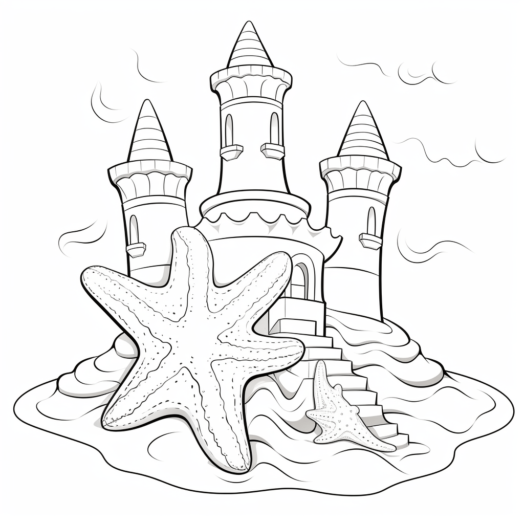 Seestern auf Sandburg Ausmalbild und Malvorlage