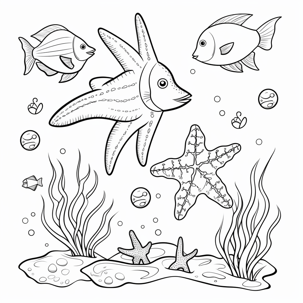 Seestern schwimmt mit Fisch Ausmalbild und Malvorlage