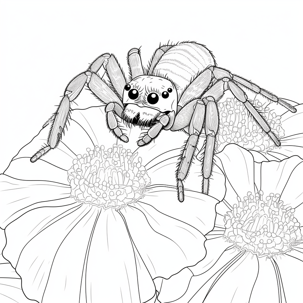 Springspinne klettert auf Blume Ausmalbild und Malvorlage