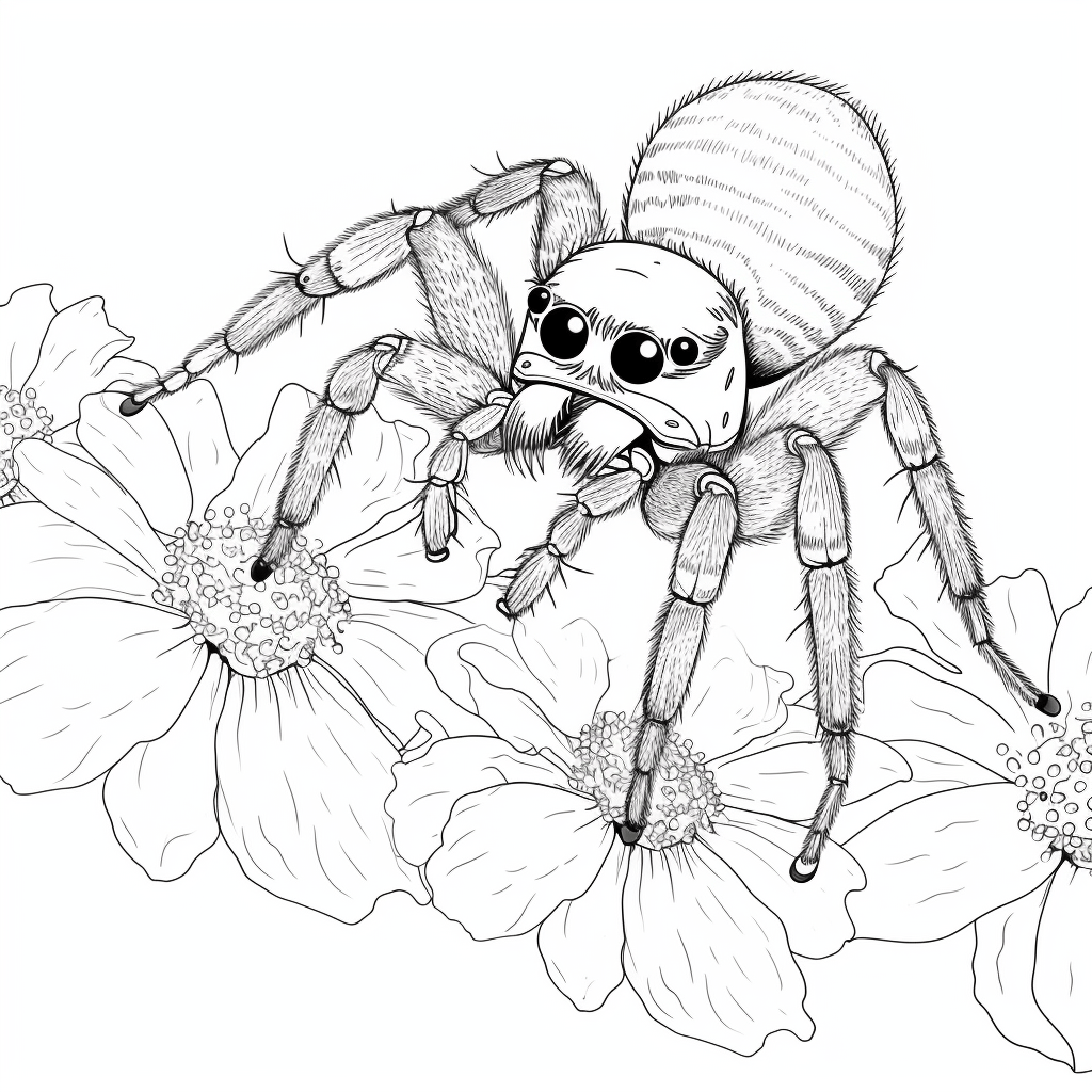 Springspinne sitzt auf Blume Ausmalbild und Malvorlage