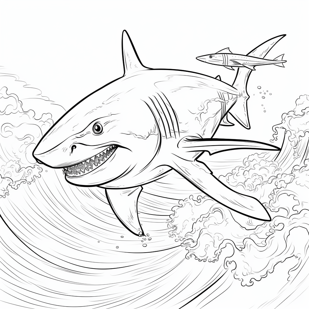 Surfer reitet Welle mit Haifisch Ausmalbild und Malvorlage