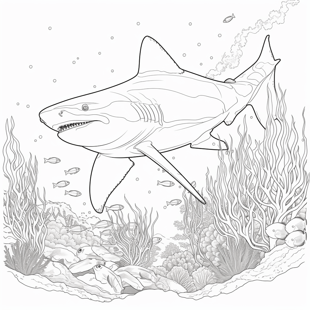 Taucher schwimmt mit Haifisch Ausmalbild und Malvorlage