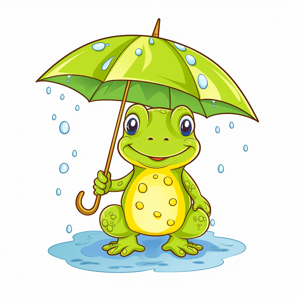 Teichfrosch fliegt mit Regenschirm davon Ausmalbild und Malvorlage