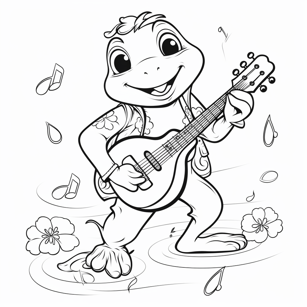 Teichfrosch singt Gitarre leise Ausmalbild und Malvorlage