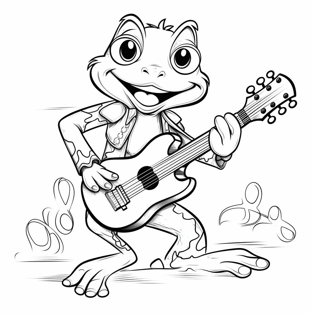 Teichfrosch spielt Gitarre fröhlich Ausmalbild und Malvorlage