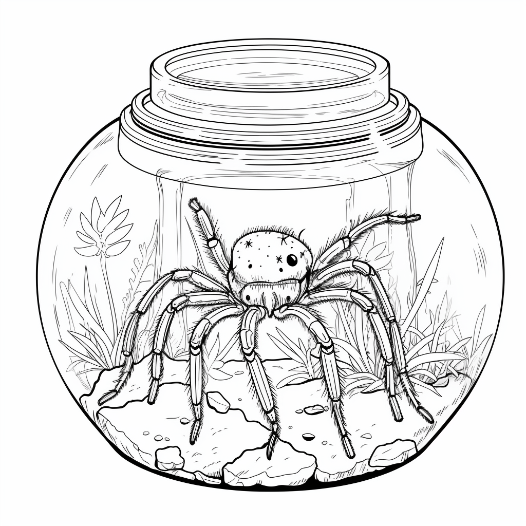 Zebraspinne erkundet ein Terrarium Ausmalbild und Malvorlage