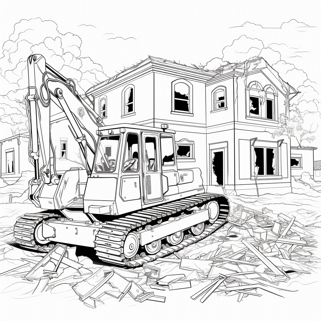 Bulldozer entfernt Haus Ausmalbild und Malvorlage