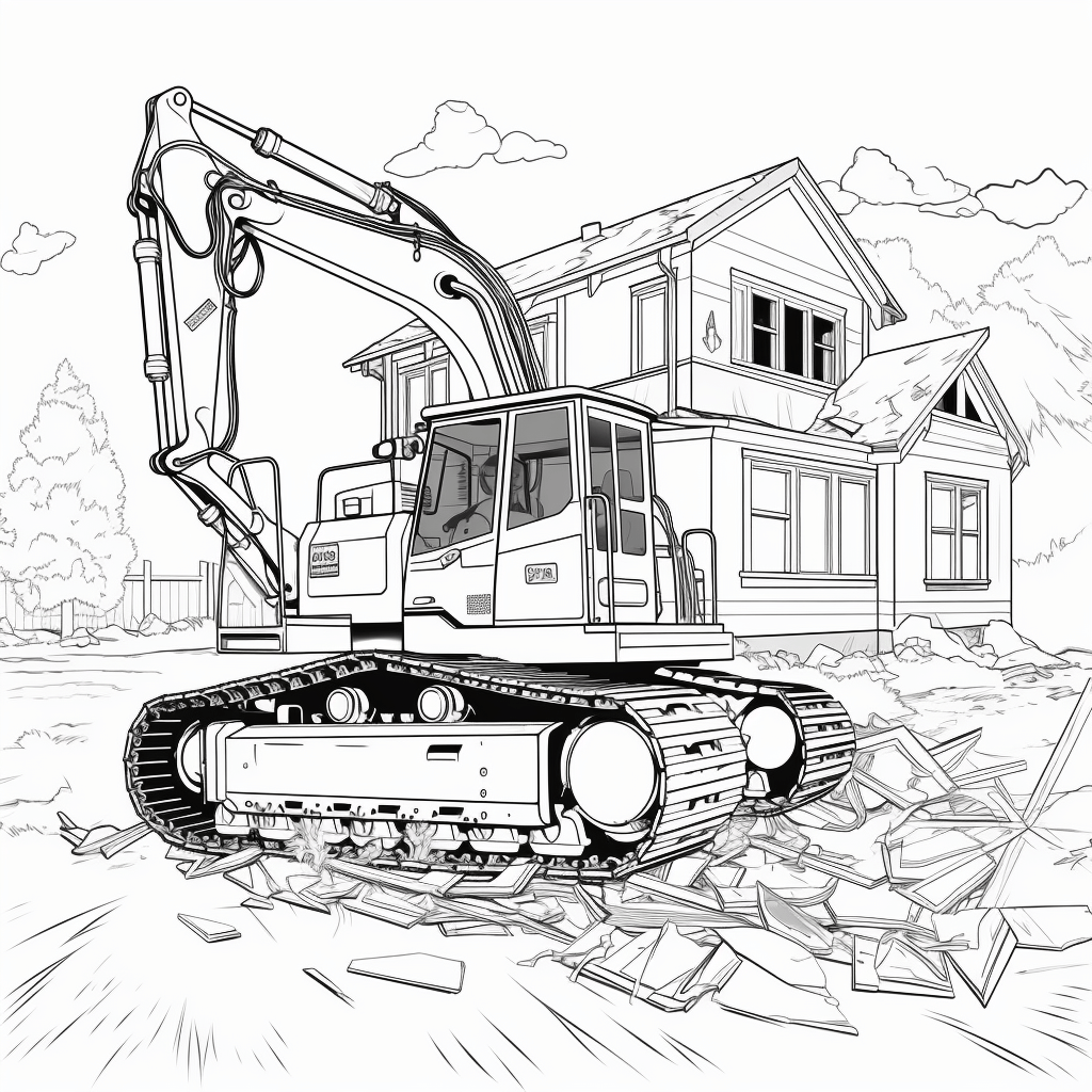 Bulldozer reißt Haus ab Ausmalbild und Malvorlage