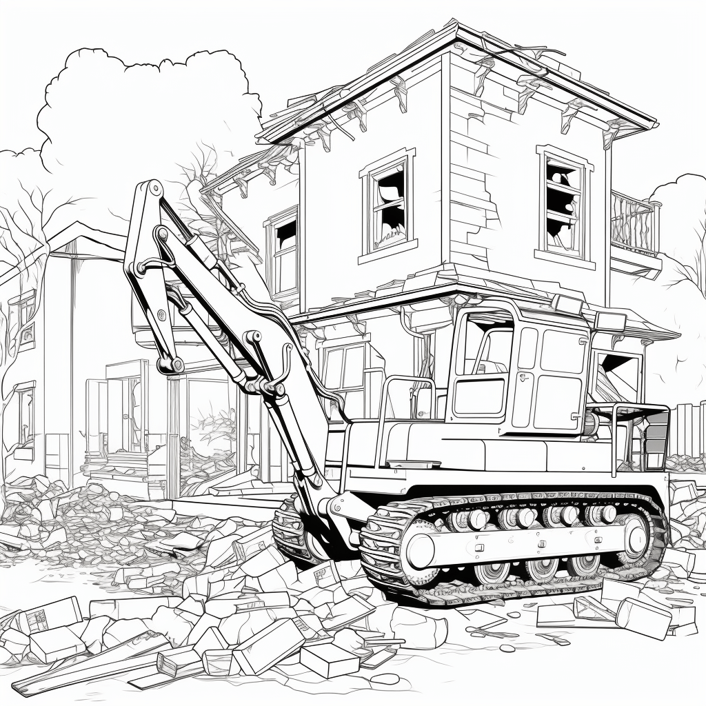 Bulldozer zerstört Haus Ausmalbild und Malvorlage