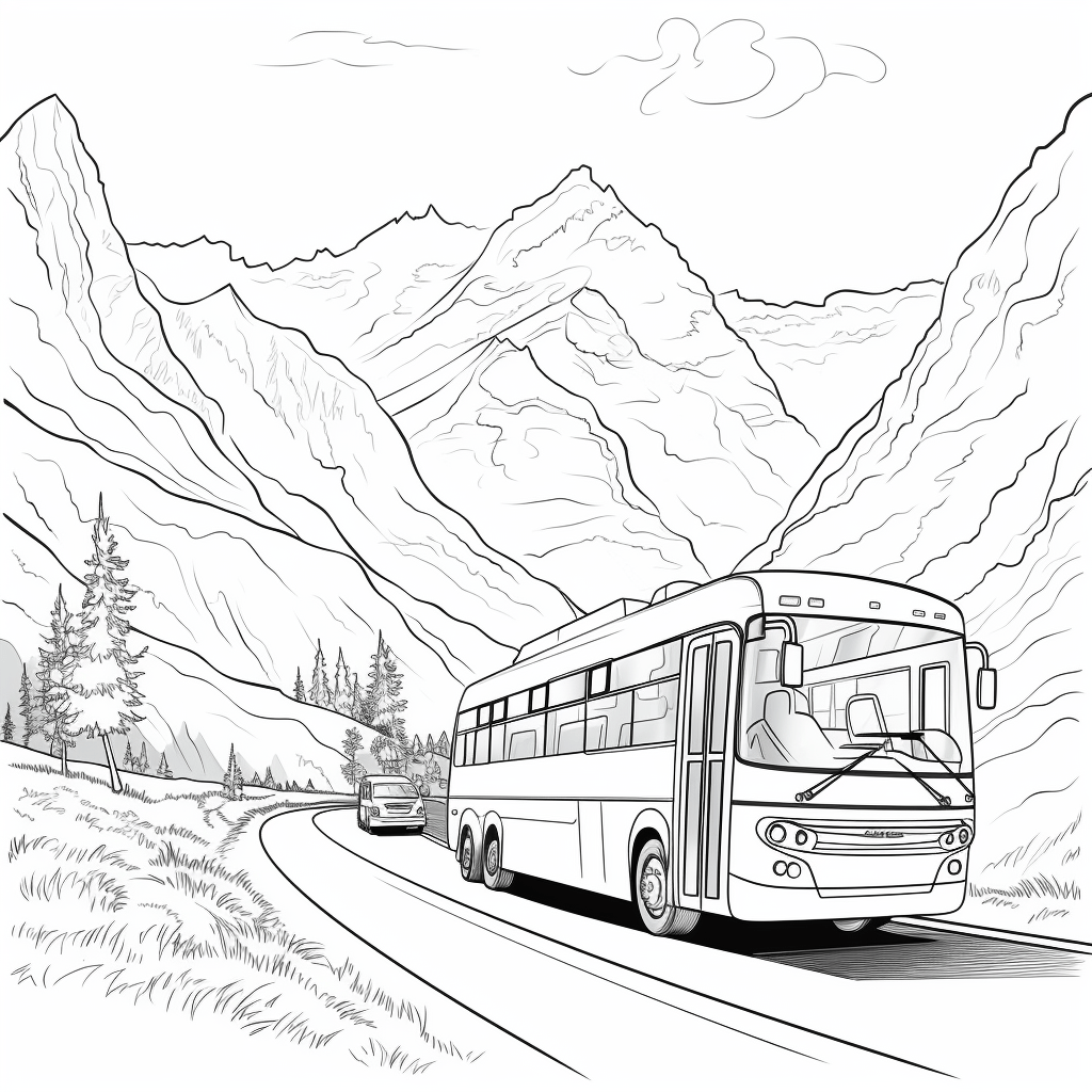 Bus fährt durch die Berge Ausmalbild und Malvorlage