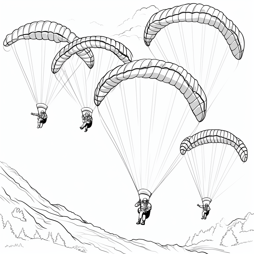 Gruppe von Paraglidern fliegt in Formation über Berge Ausmalbild und Malvorlage